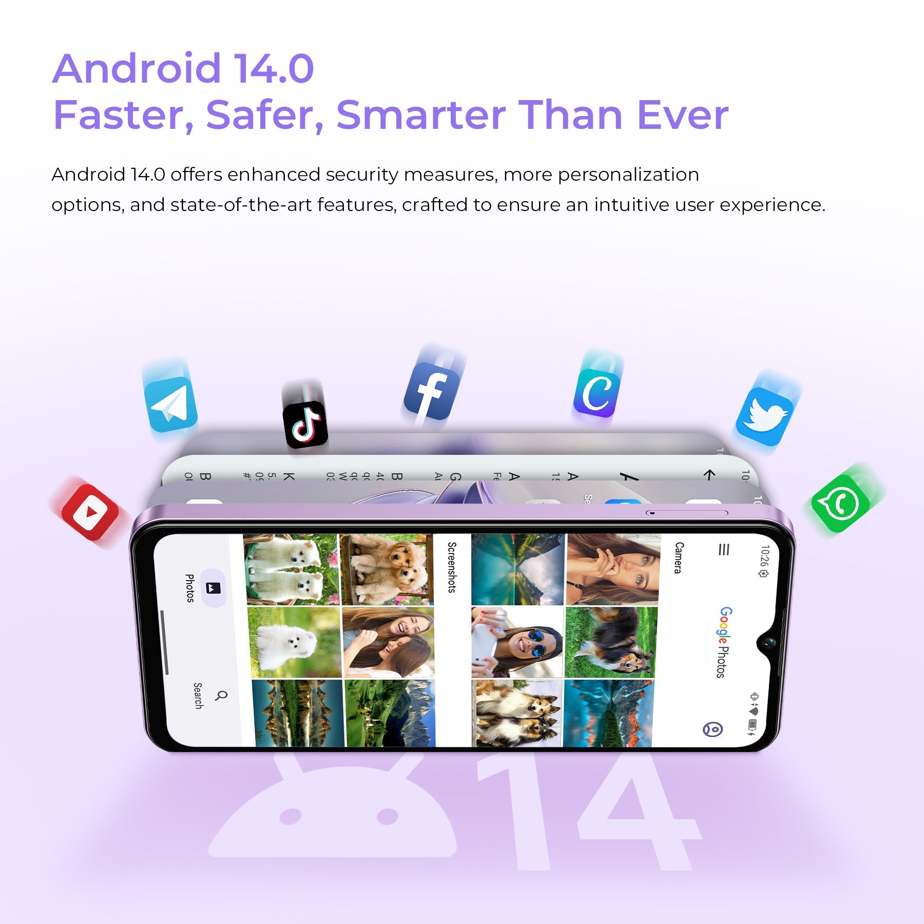 Oukitel C2 smartphone running Android 14.0 with faster performance, enhanced security, and smart features