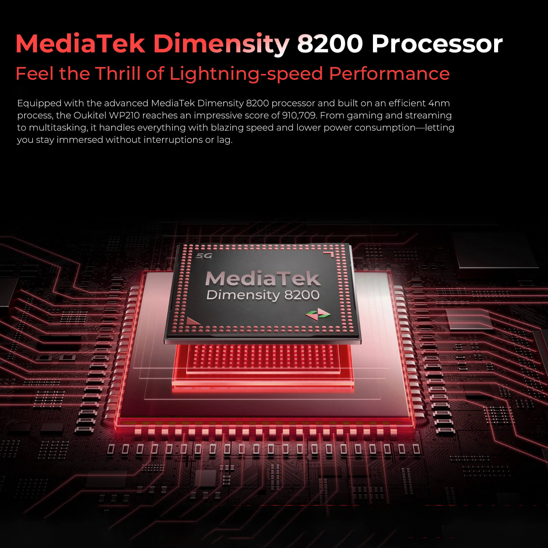 Oukitel WP210 5G rugged phone powered by MediaTek Dimensity 8200 processor for high performance, smooth gaming, and multitasking