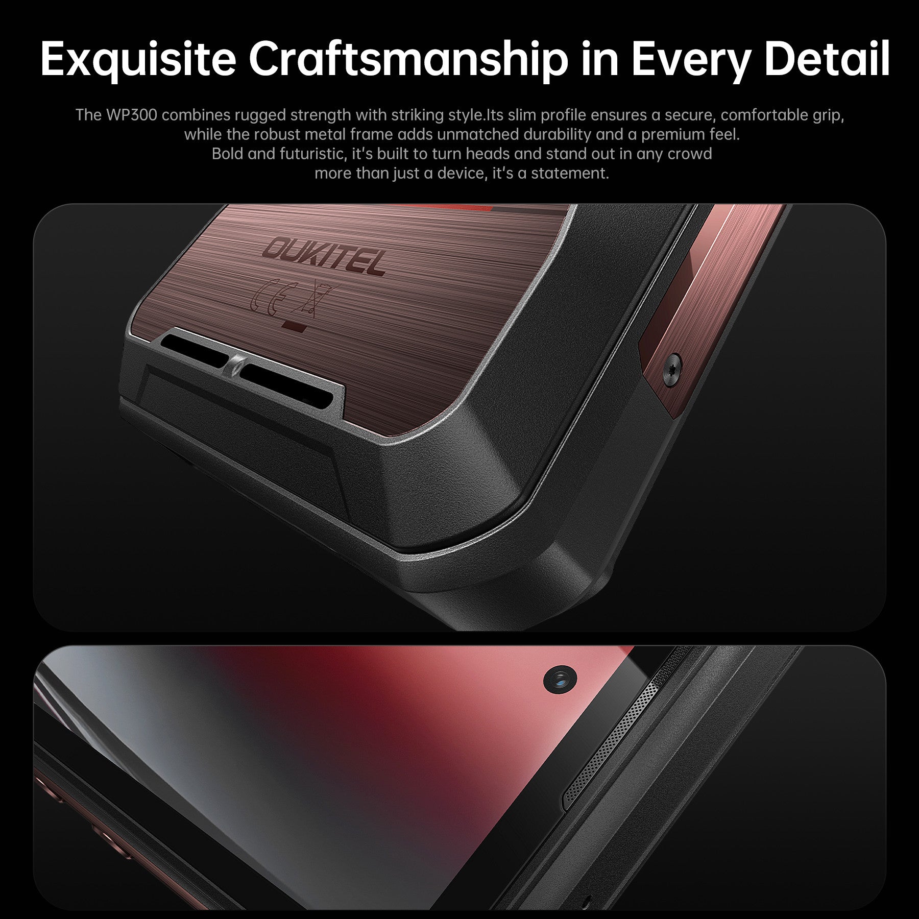 Close-up view of the Oukitel WP300 smartphone showcasing premium metal craftsmanship, durable build, and elegant industrial design.