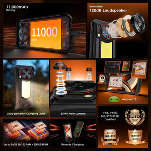 Oukitel WP53 Pro 4G rugged phone with 6.52-inch FHD+ display, 11000mAh battery, 50MP camera, 8GB RAM, 256GB storage, and NFC