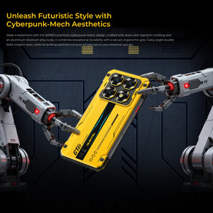 Oukitel WP60 rugged smartphone featuring futuristic cyberpunk-mech aesthetics with a durable aluminum-titanium alloy body and bold dual-color design.