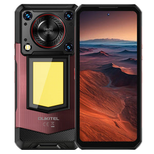 Oukitel WP56 5G rugged smartphone featuring 6.8-inch FHD+ screen, 16000mAh battery, 108MP camera, Android 15, 12GB RAM, 512GB storage, and NFC in red color